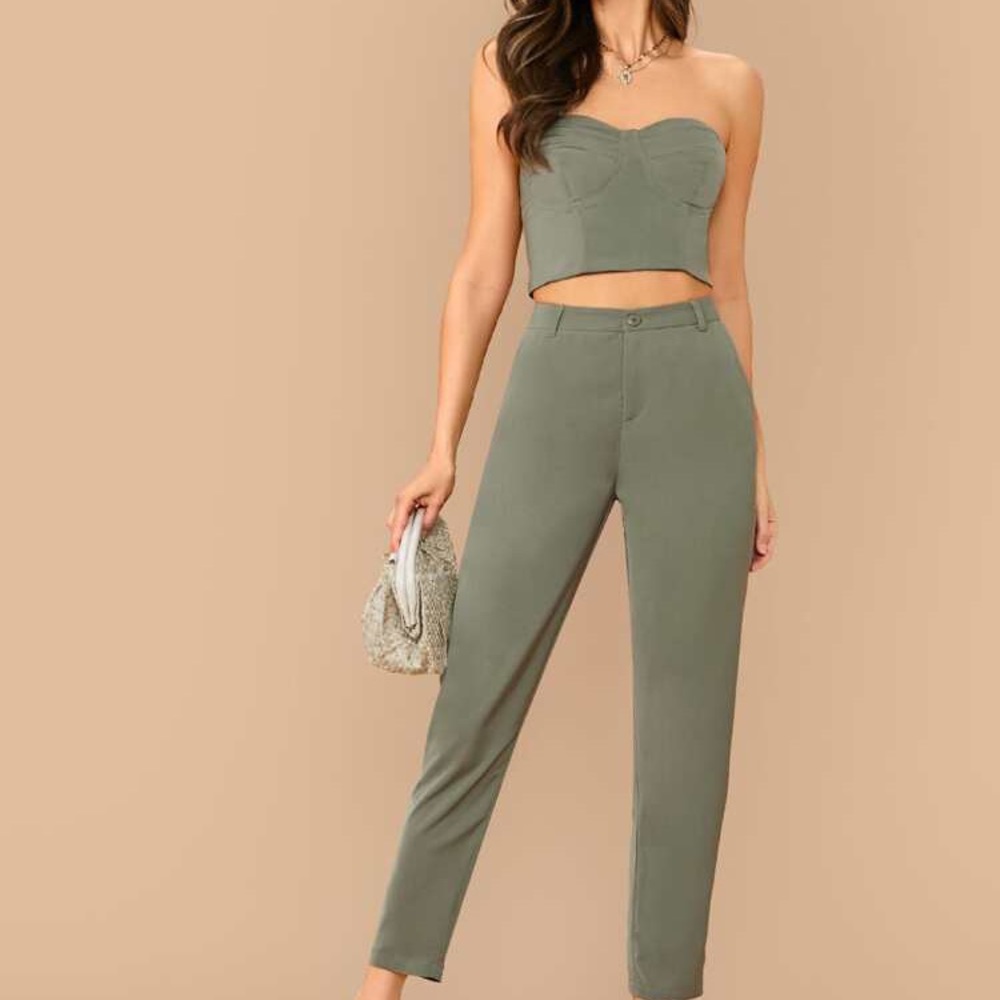 2 Piece Set - Olive green tube top and trousers